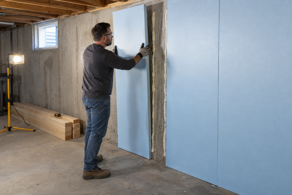 DIY installer fitting rigid foam insulation directly against a concrete basement wall.
