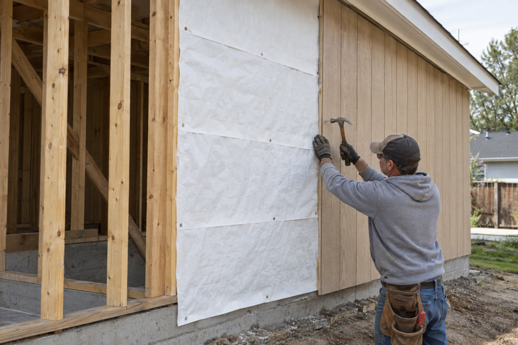 Carpenter installing T1-11 garage siding over a water-resistive barrier and wood framing