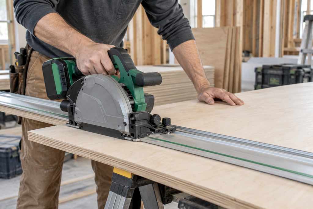 Lightweight cordless track saw positioned to cut birch plywood