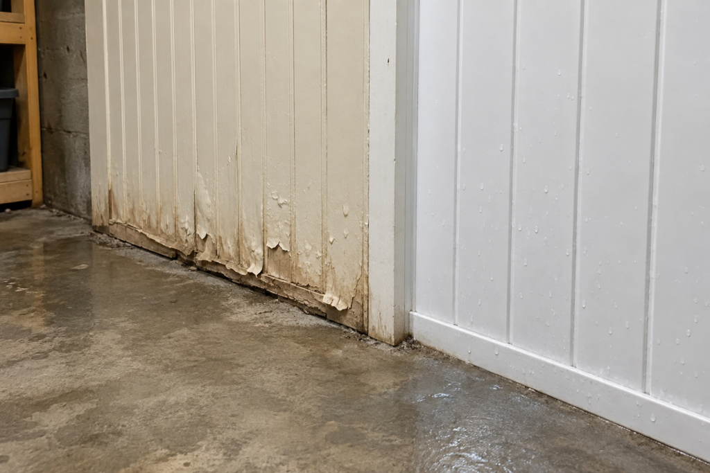 Moisture-damaged MDF basement paneling beside intact waterproof PVC wall panels.