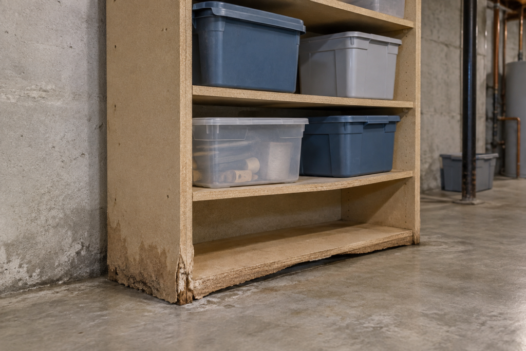 Swollen and sagging MDF shelving damaged by moisture on a concrete basement floor