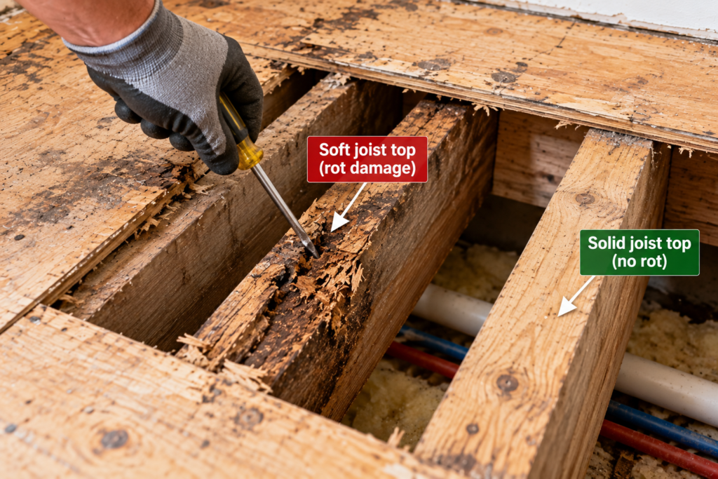 Screwdriver testing a soft rotted floor joist beside a solid joist under a damaged plywood subfloor