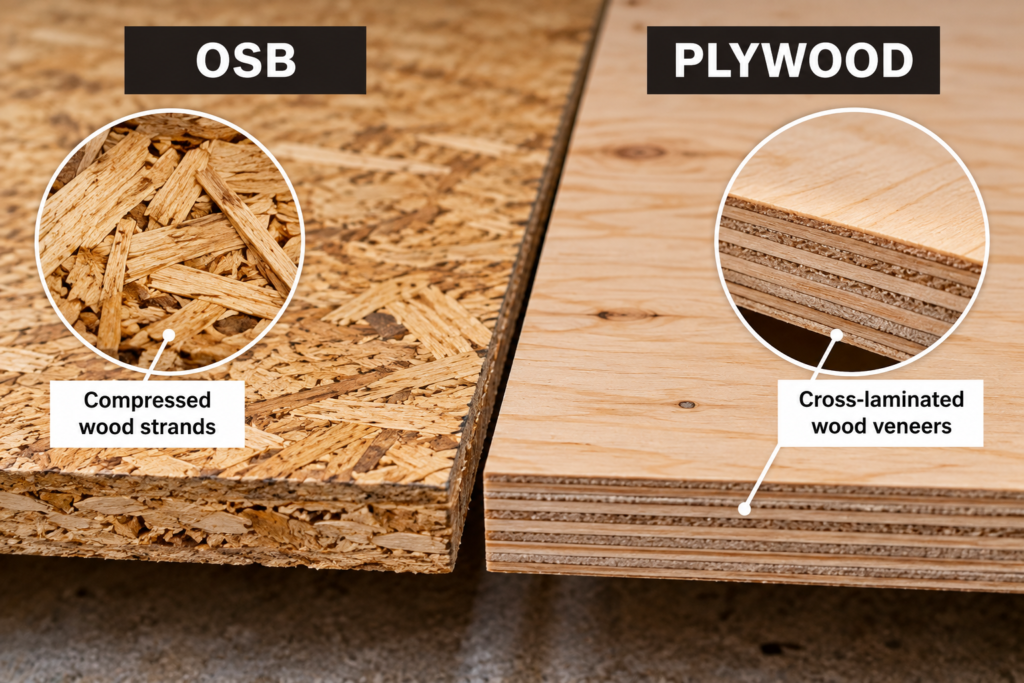 OSB vs plywood for subfloor showing compressed wood strands in OSB and cross-laminated veneer layers in plywood