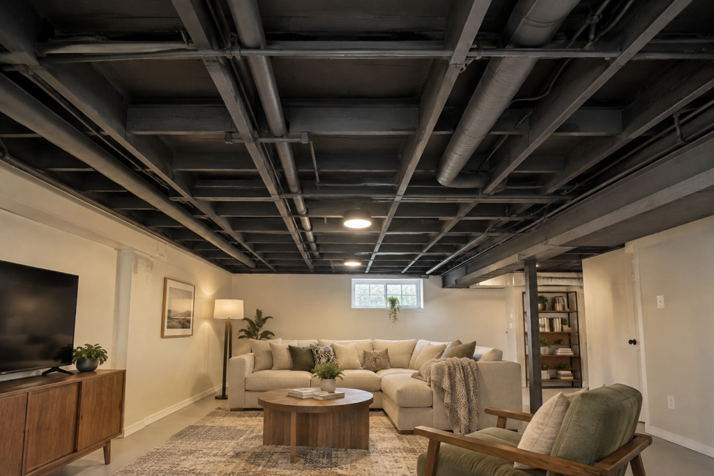 Finished basement with exposed joists and visible pipes painted charcoal above a living area.