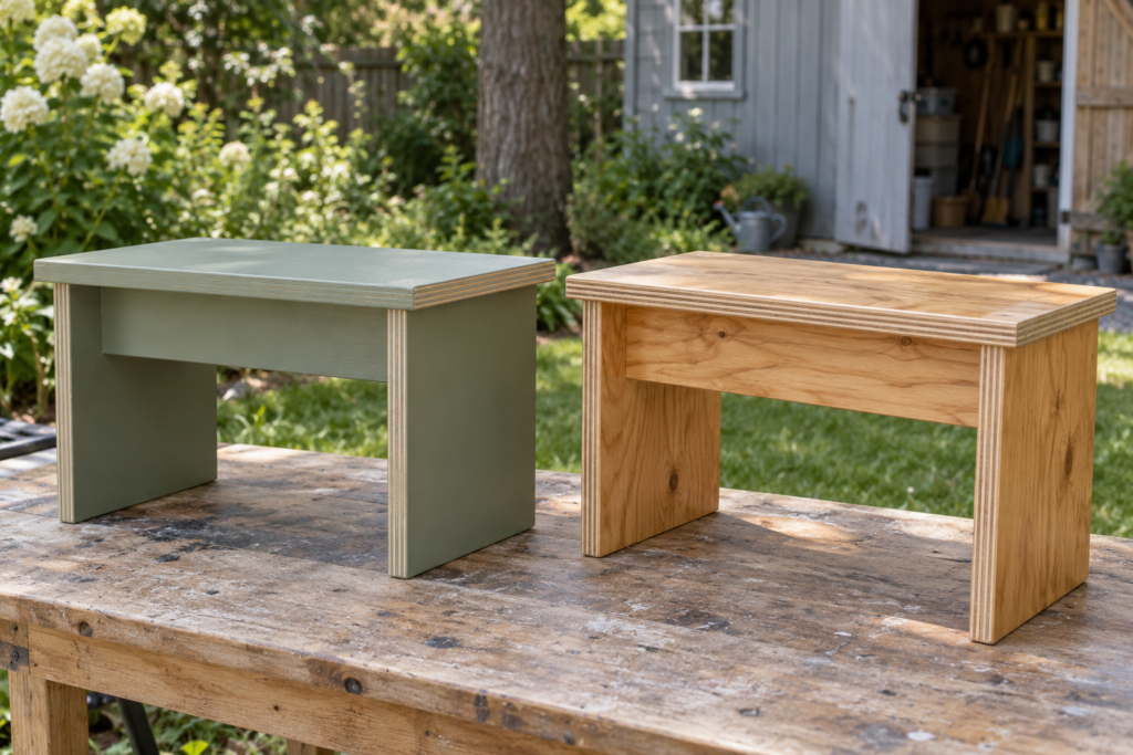 Painted and clear-finished plywood projects shown side by side outdoors