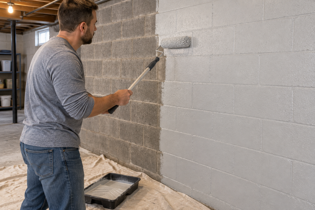 Homeowner applying masonry paint to a porous concrete-block basement wall with a thick roller.