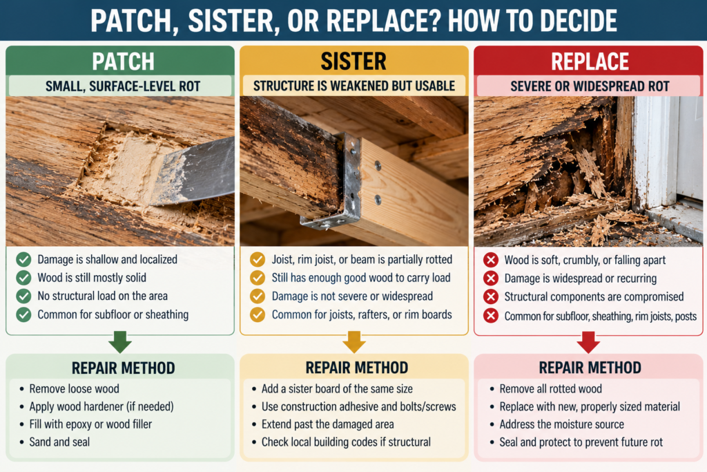 Infographic showing when to patch, sister, or replace wood affected by rot based on damage severity and structural condition.