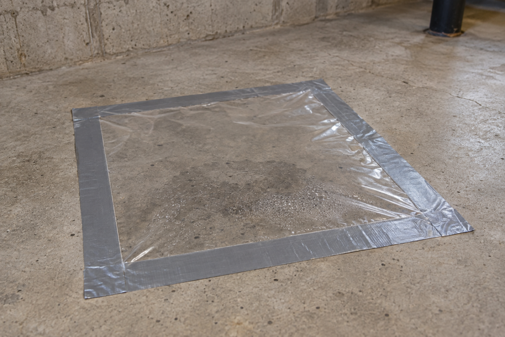 Clear plastic sheet sealed to a concrete basement slab for a moisture test