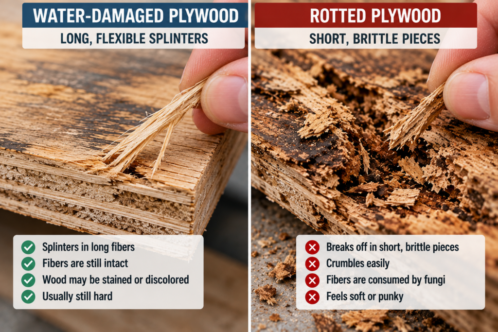 Pick test comparing long flexible splinters from water-damaged plywood with short brittle pieces from rotted plywood