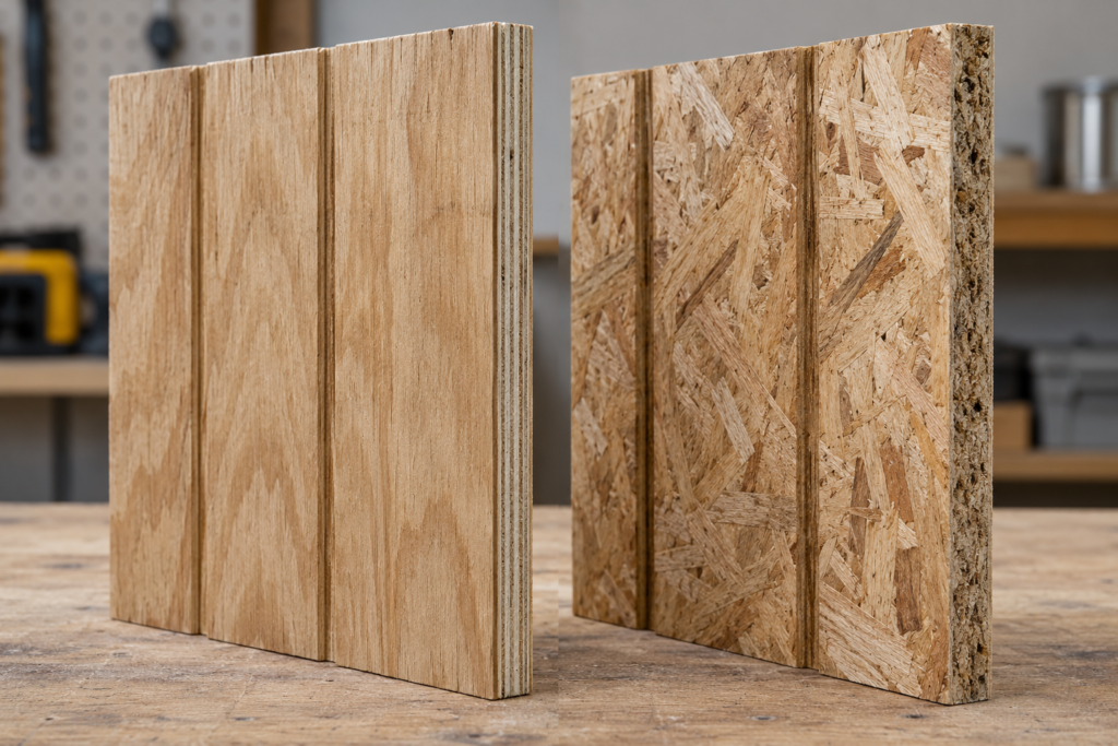 Plywood T1-11 panel compared with grooved OSB siding panel