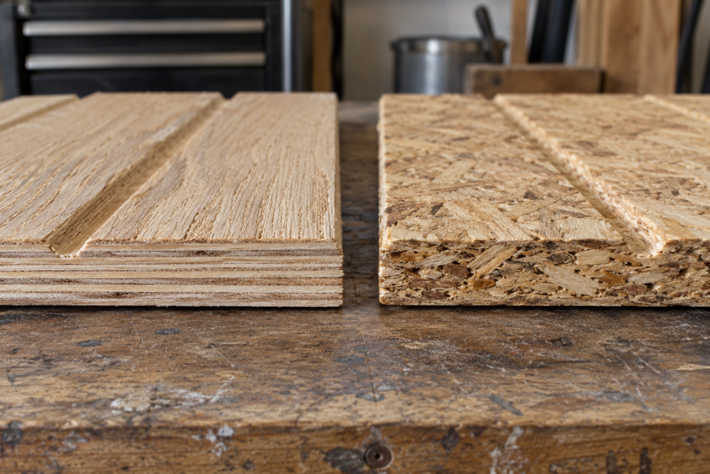 Plywood T1-11 layered edge compared with OSB T1-11 wood-strand edge