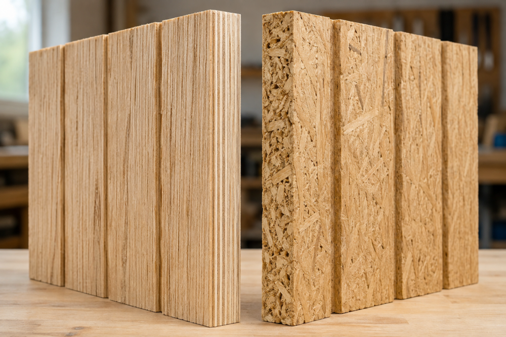 Plywood and OSB T1-11 siding cut edges compared side by side