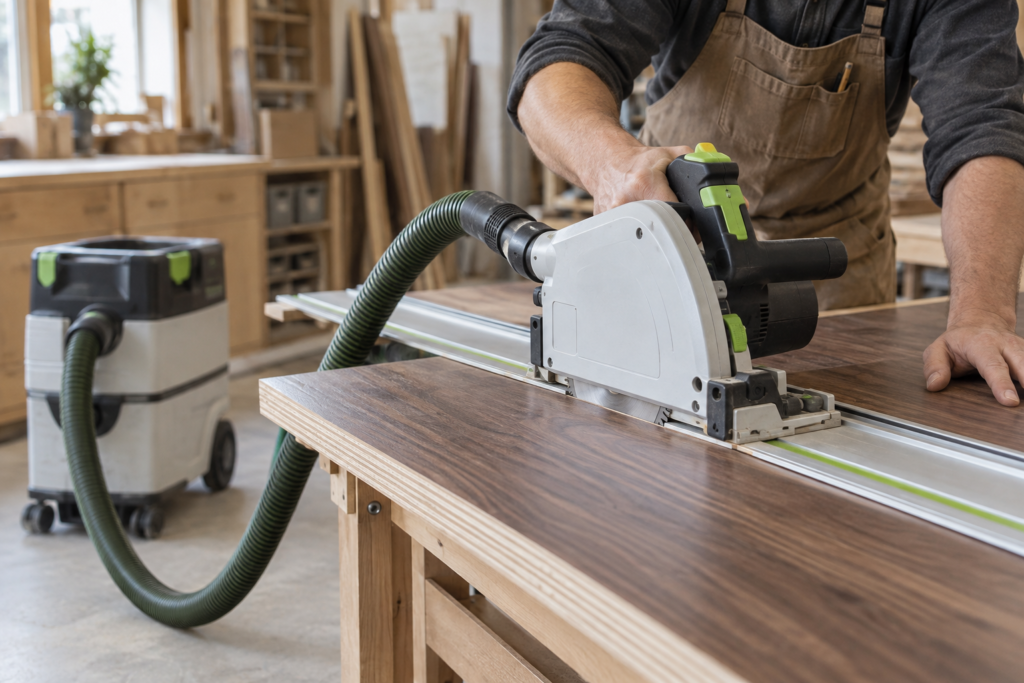 Premium track saw cutting walnut-veneered plywood with dust extraction
