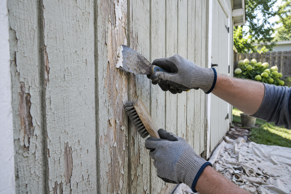 Scraping loose paint from old T1-11 siding before repaintin