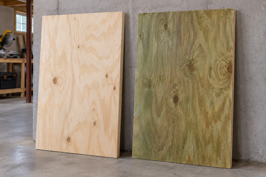 Standard structural plywood beside pressure-treated plywood in a basement