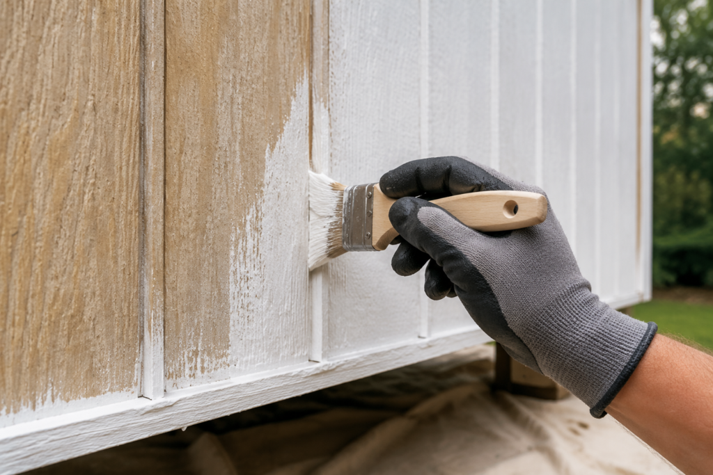 Applying exterior primer inside the grooves and along the bottom edge of T1-11 siding