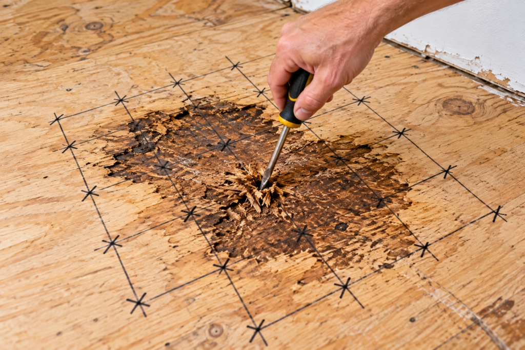 Screwdriver probing a rotted plywood subfloor using a marked grid to find the edges of damaged wood