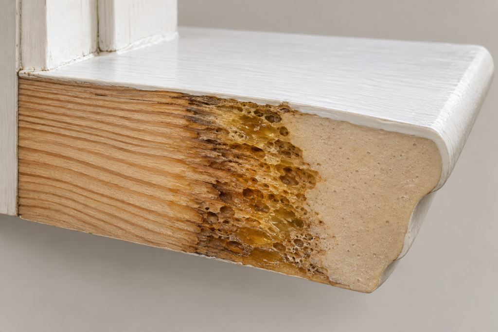 Cutaway showing sound wood, consolidated fibers and epoxy filler repair