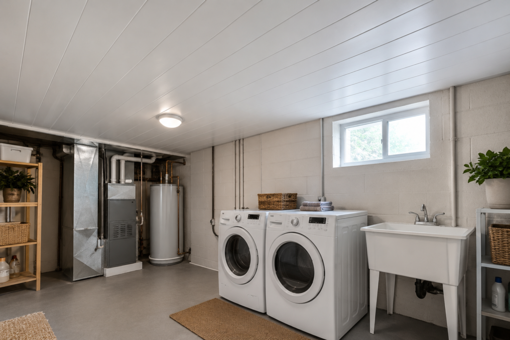 White interlocking PVC ceiling panels above a basement laundry and utility room.