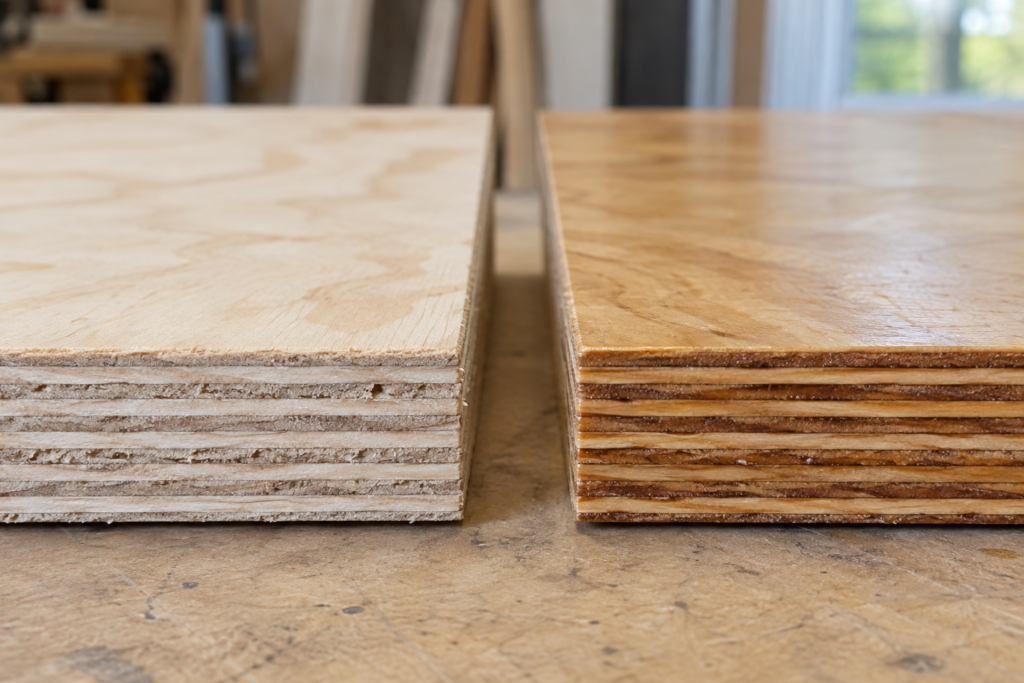 Close-up comparison of a raw plywood cut edge and a sealed plywood cut edge