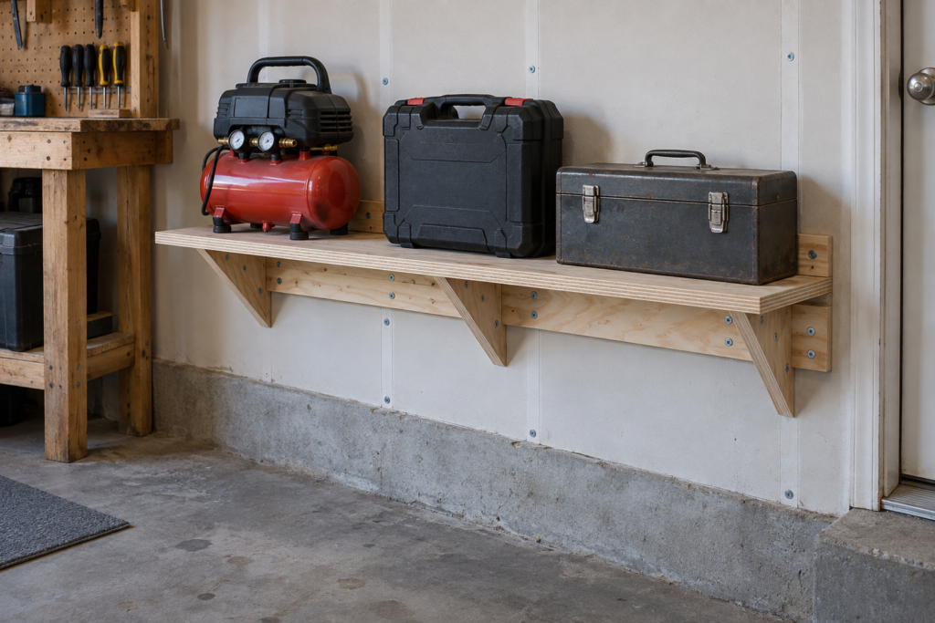 Reinforced French cleat shelf holding heavy portable workshop tools