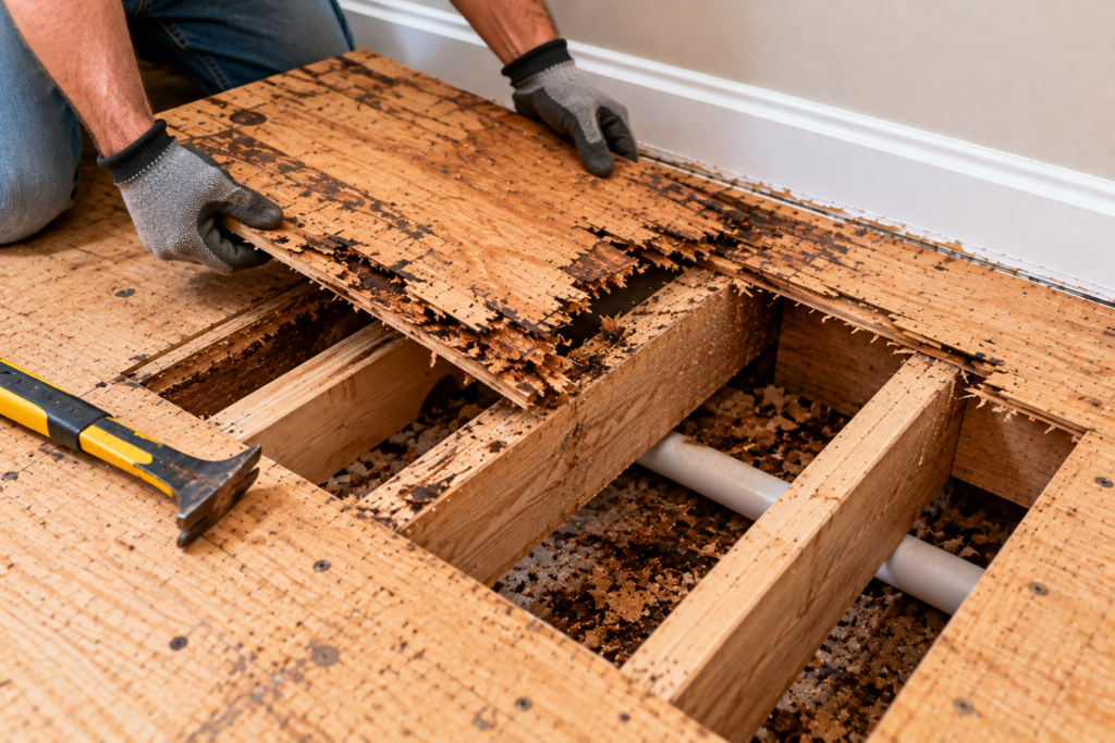 Worker lifting out a rotted plywood subfloor section to expose the floor joists below