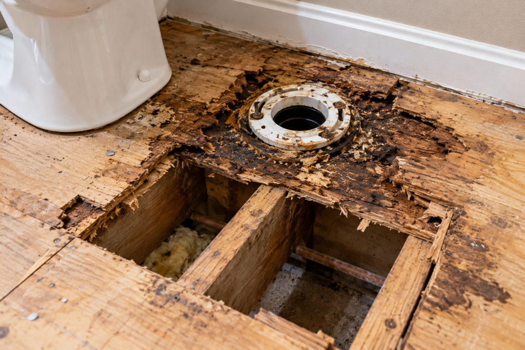 Rotted plywood subfloor around a toilet flange with damaged plywood removed to expose the floor joists