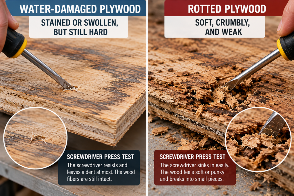 Screwdriver press test comparing hard water-damaged plywood with soft, crumbly rotted plywood.