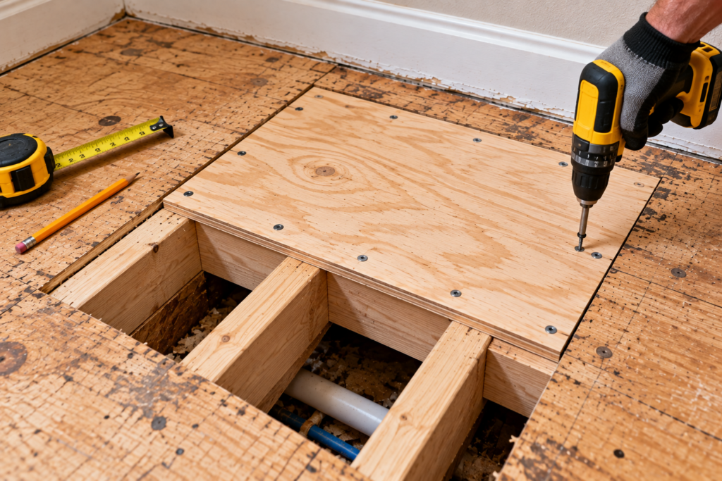 Cordless drill fastening a plywood subfloor patch to joists and blocking