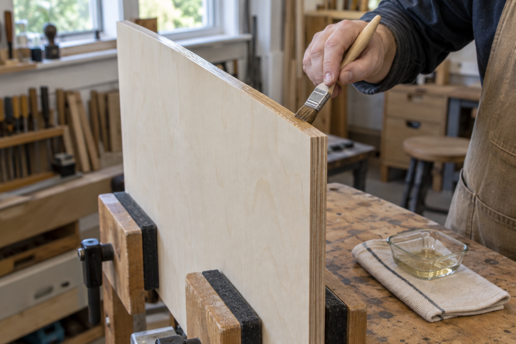 Brushing clear sealer onto a plywood cut edge before coating the faces