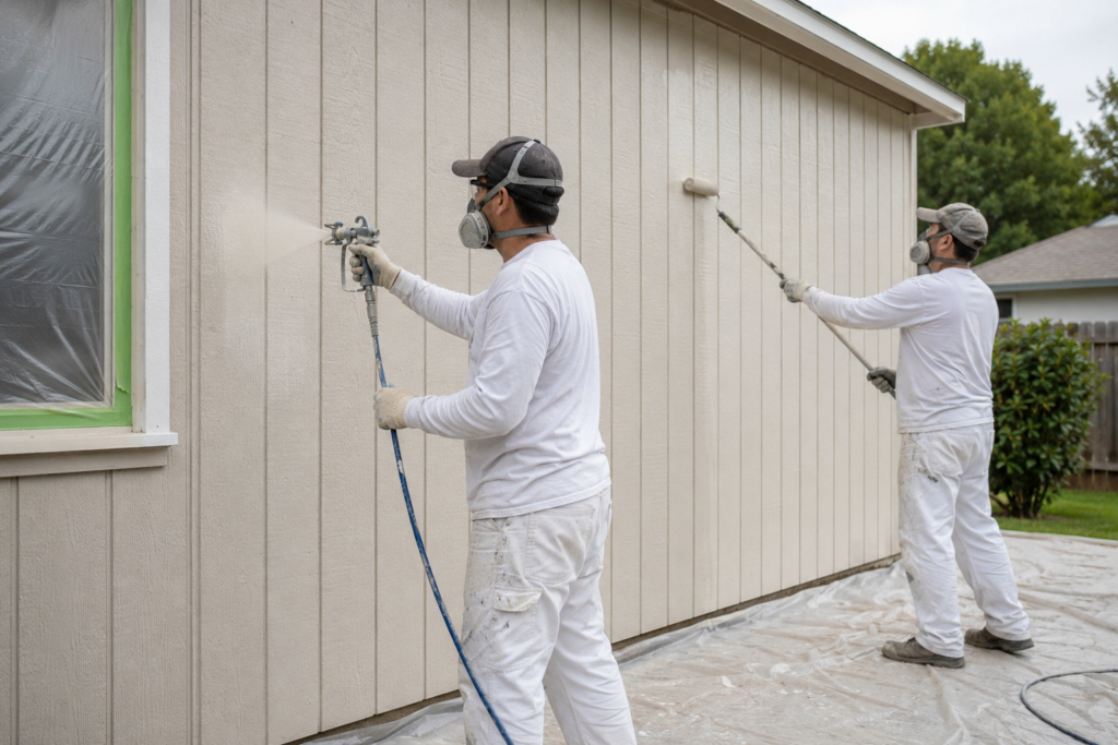 Painters spraying and back-rolling exterior paint on T1-11 siding