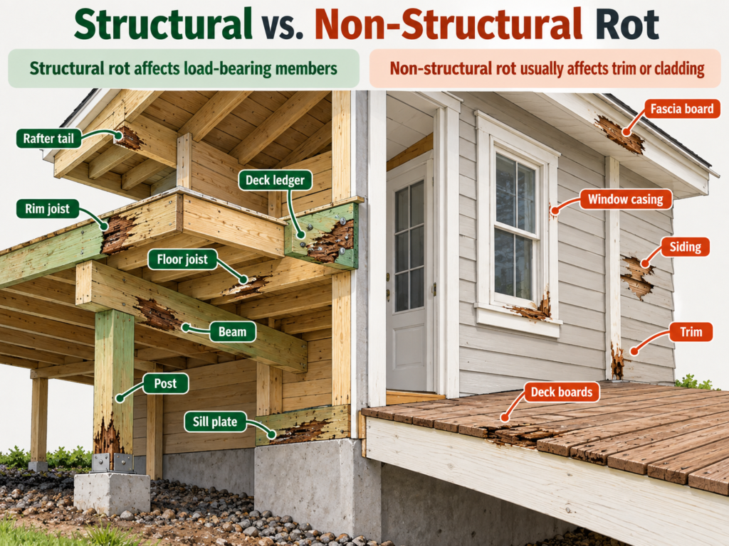 Diagram comparing structural wood rot in joists, beams, posts, sill plates and deck ledgers with non-structural rot in trim, siding, fascia and deck boards
