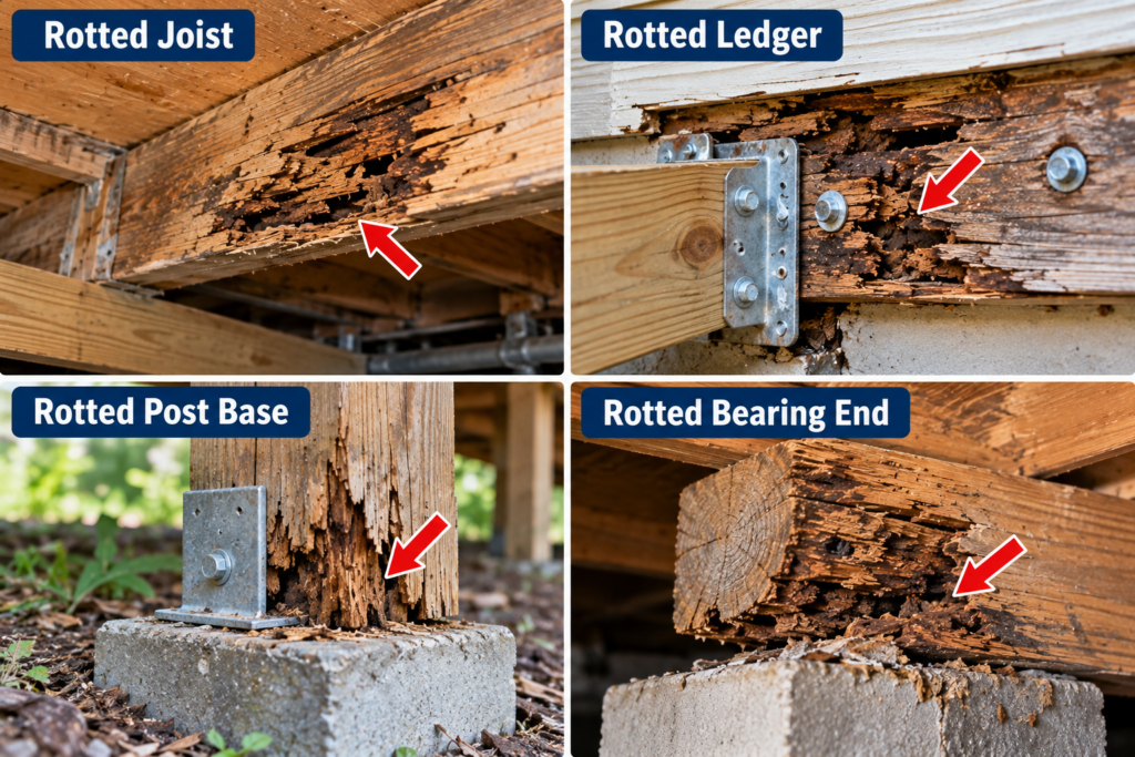 Examples of wood rot at a floor joist, deck ledger, post base, and structural bearing end
