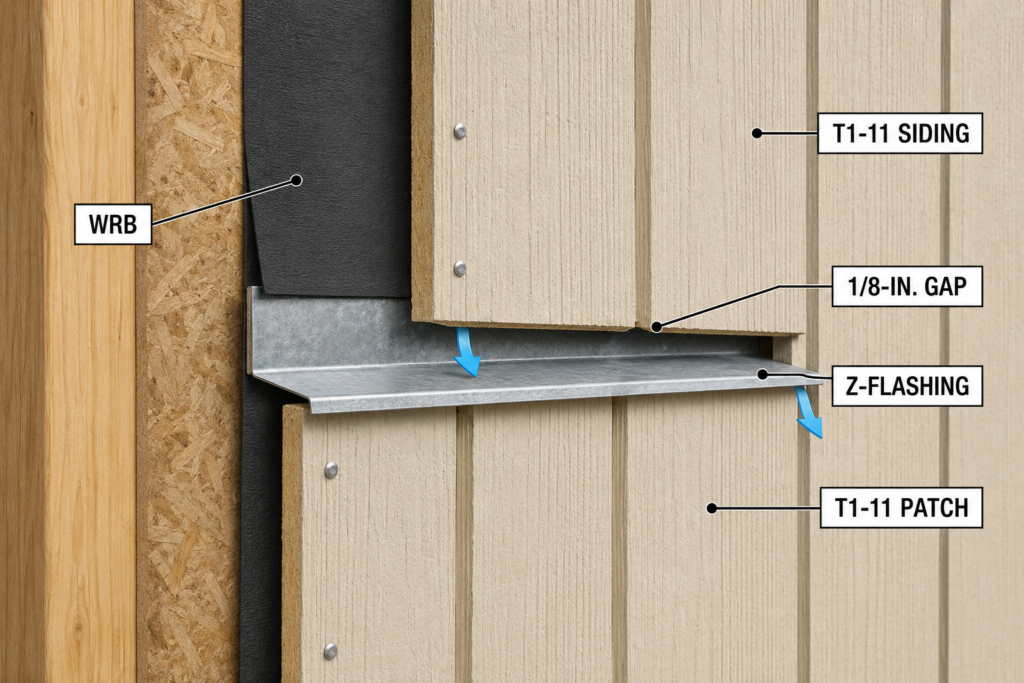 Cutaway showing a T1-11 siding patch with WRB overlap, Z-flashing and an open drainage gap