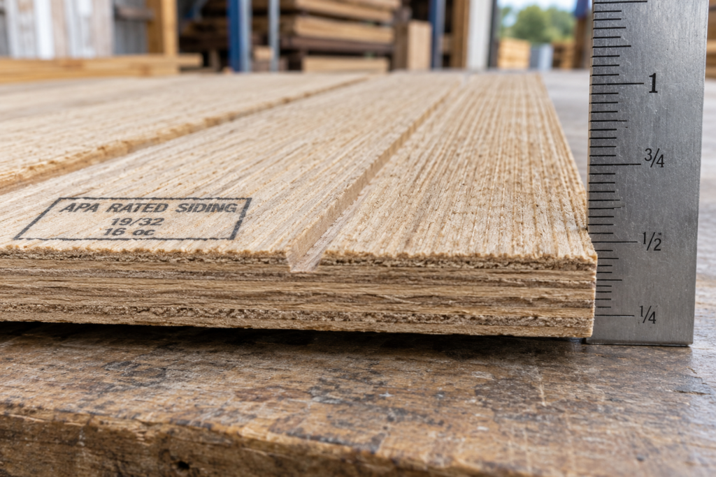 T1-11 plywood grade stamp showing 19/32-inch thickness and siding rating