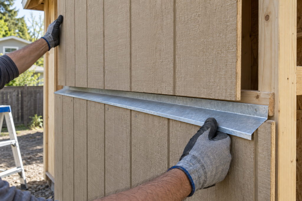 Narrow Z-flashing installed between stacked T1-11 plywood siding panels