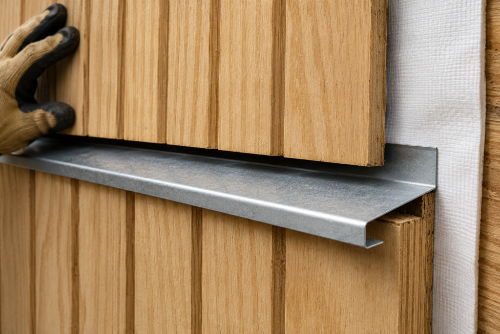 Z-flashing installed between horizontal T1-11 siding joints