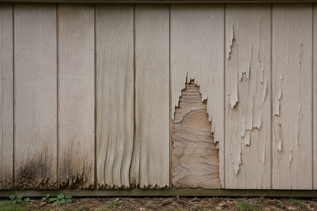 T1-11 siding showing bottom-edge rot, swelling, delamination, and peeling paint