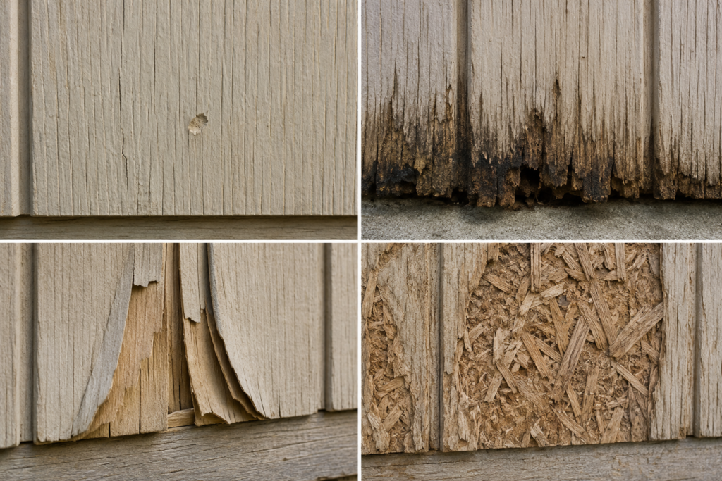 T1-11 siding showing surface cracks, bottom-edge rot, plywood delamination and OSB swelling