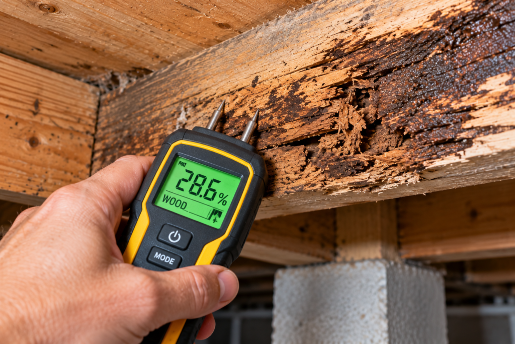 Pin moisture meter reading 28.6 percent on rotted structural wood framing
