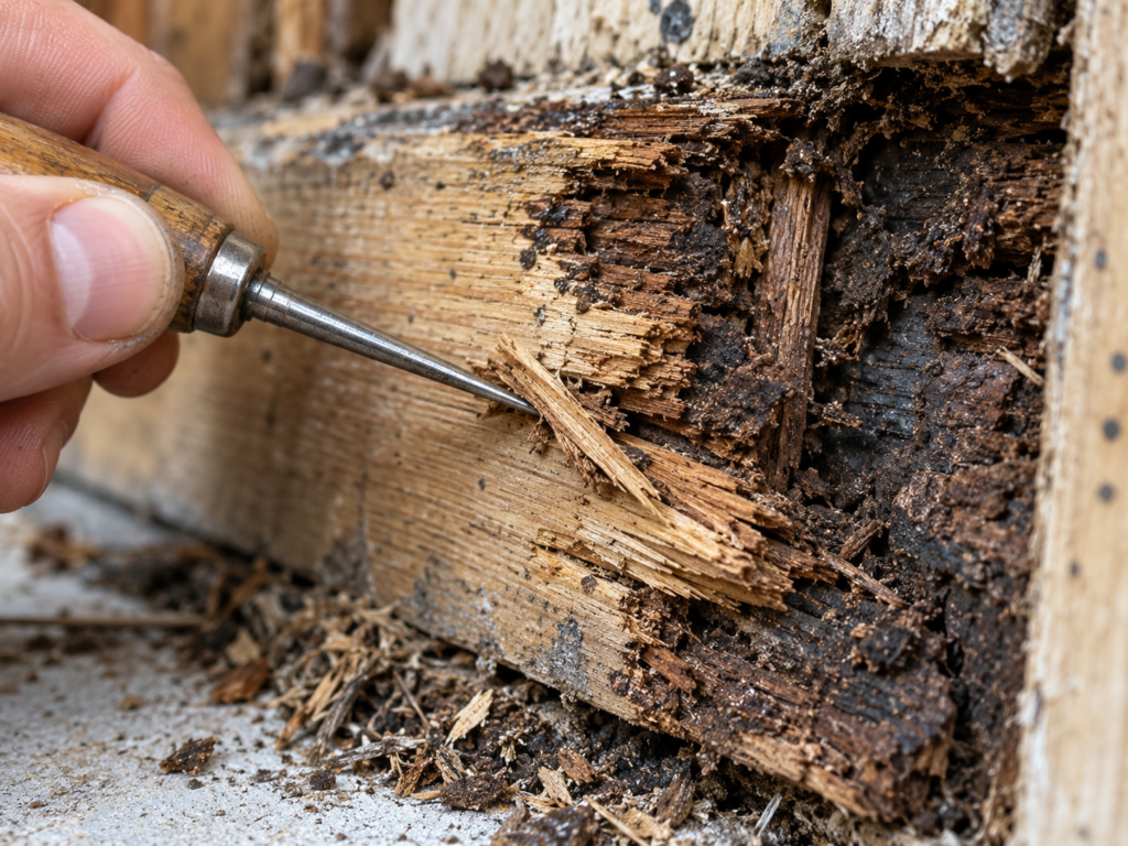 Splinter test on rotted wood showing brittle fibers breaking apart with an awl