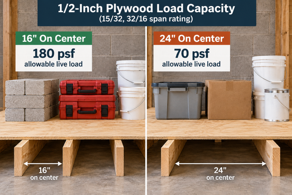 1/2-inch plywood load capacity comparison showing 180 psf at 16-inch joist spacing and 70 psf at 24-inch joist spacing