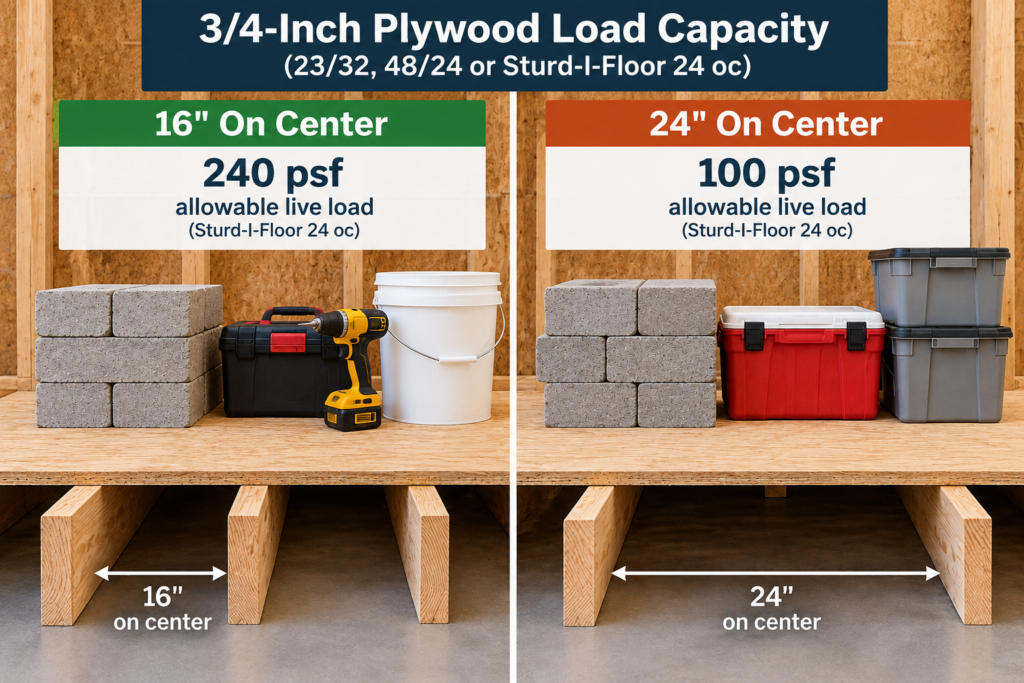 3/4-inch plywood load capacity showing 240 psf at 16-inch joist spacing and 100 psf at 24-inch joist spacing