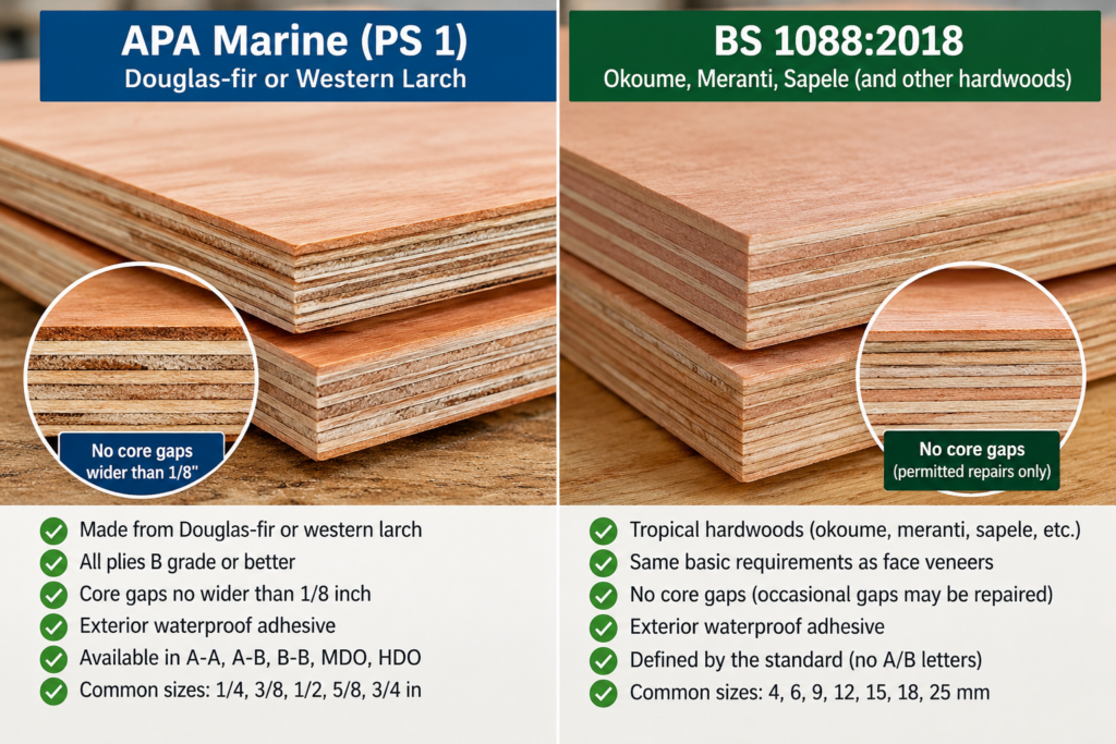 APA marine plywood vs BS 1088 marine plywood comparison showing wood species, veneer layers, core gap requirements, grades, and thicknesses for boat building.