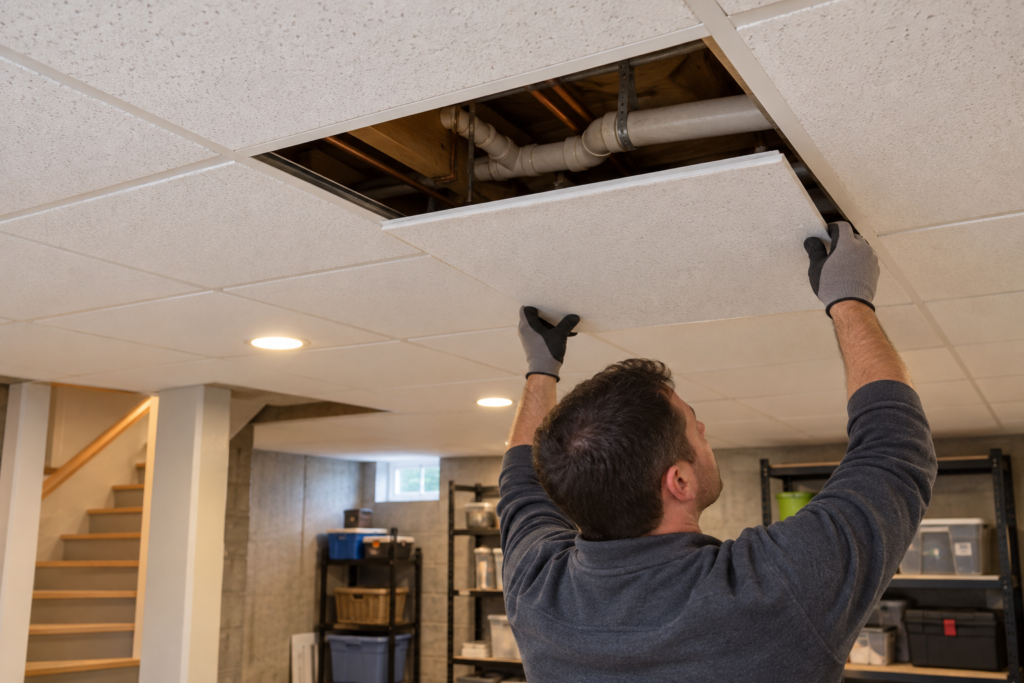 Measuring basement ceiling headroom beneath ductwork before choosing a ceiling finish