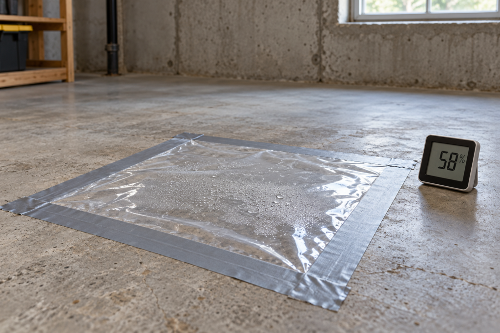 Basement concrete moisture test using a clear plastic sheet taped to the floor, with condensation beneath the plastic and a digital hygrometer.
