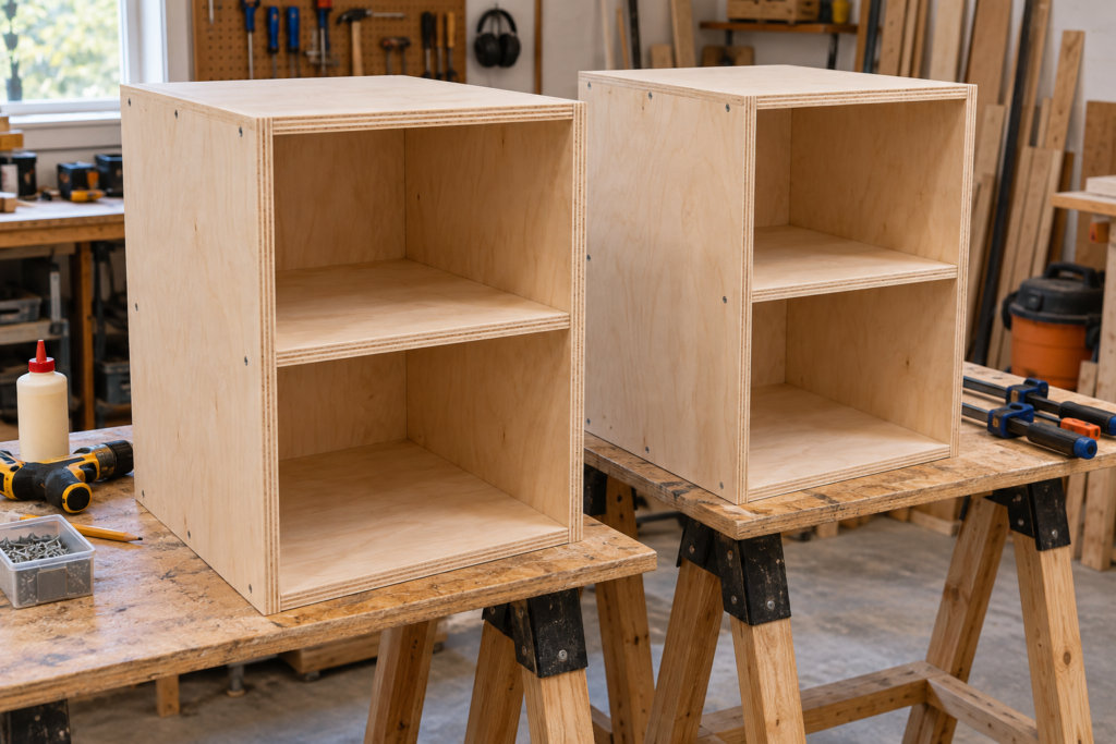 asement home office on a budget showing adjustable leveling feet keeping plywood storage off the concrete floor.