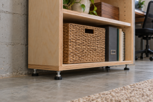 Basement Home Office on a Budget: DIY Desk and Storage Plan Basement home office on a budget featuring a DIY plywood desk, two storage towers, and wall shelves.