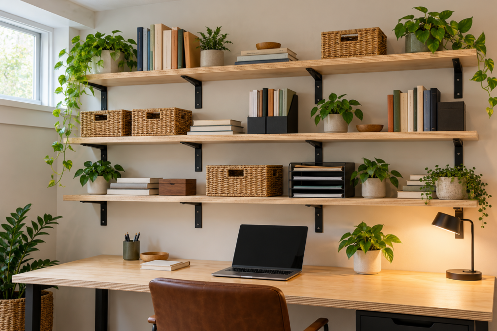 Basement home office with three plywood wall shelves supported by black steel brackets above a DIY plywood desk