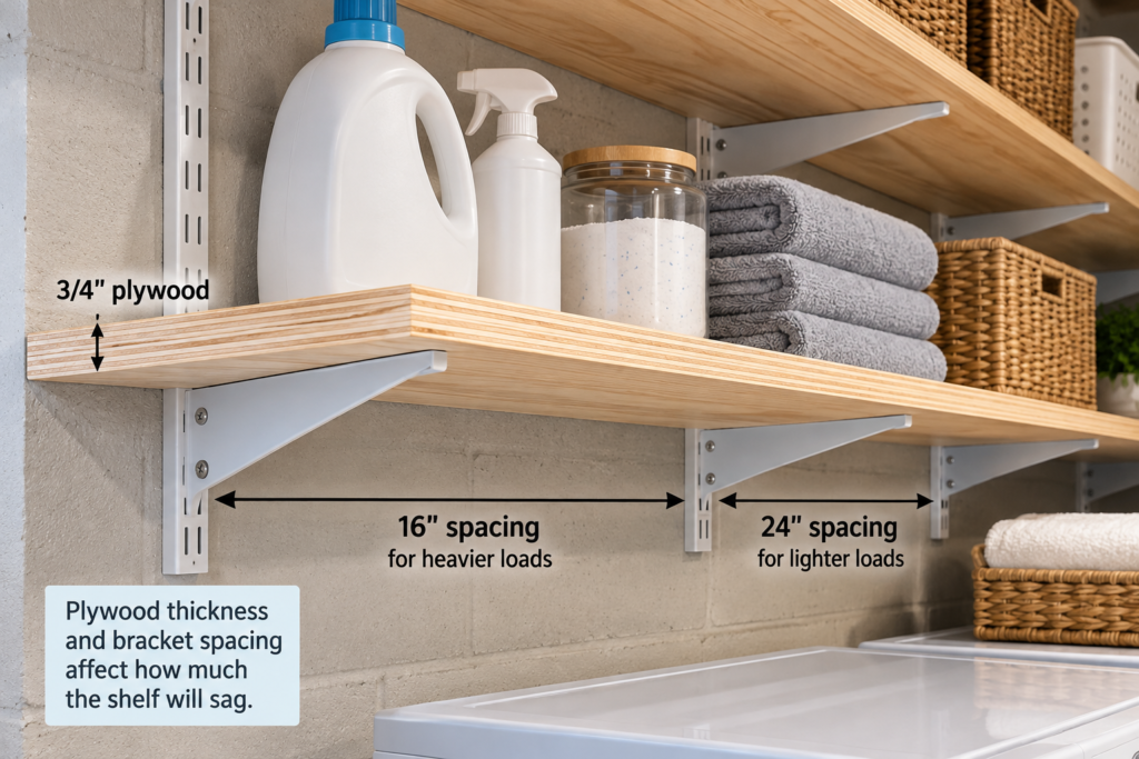 Basement laundry room shelves with 3/4-inch plywood and metal brackets showing 16-inch and 24-inch support spacing.
